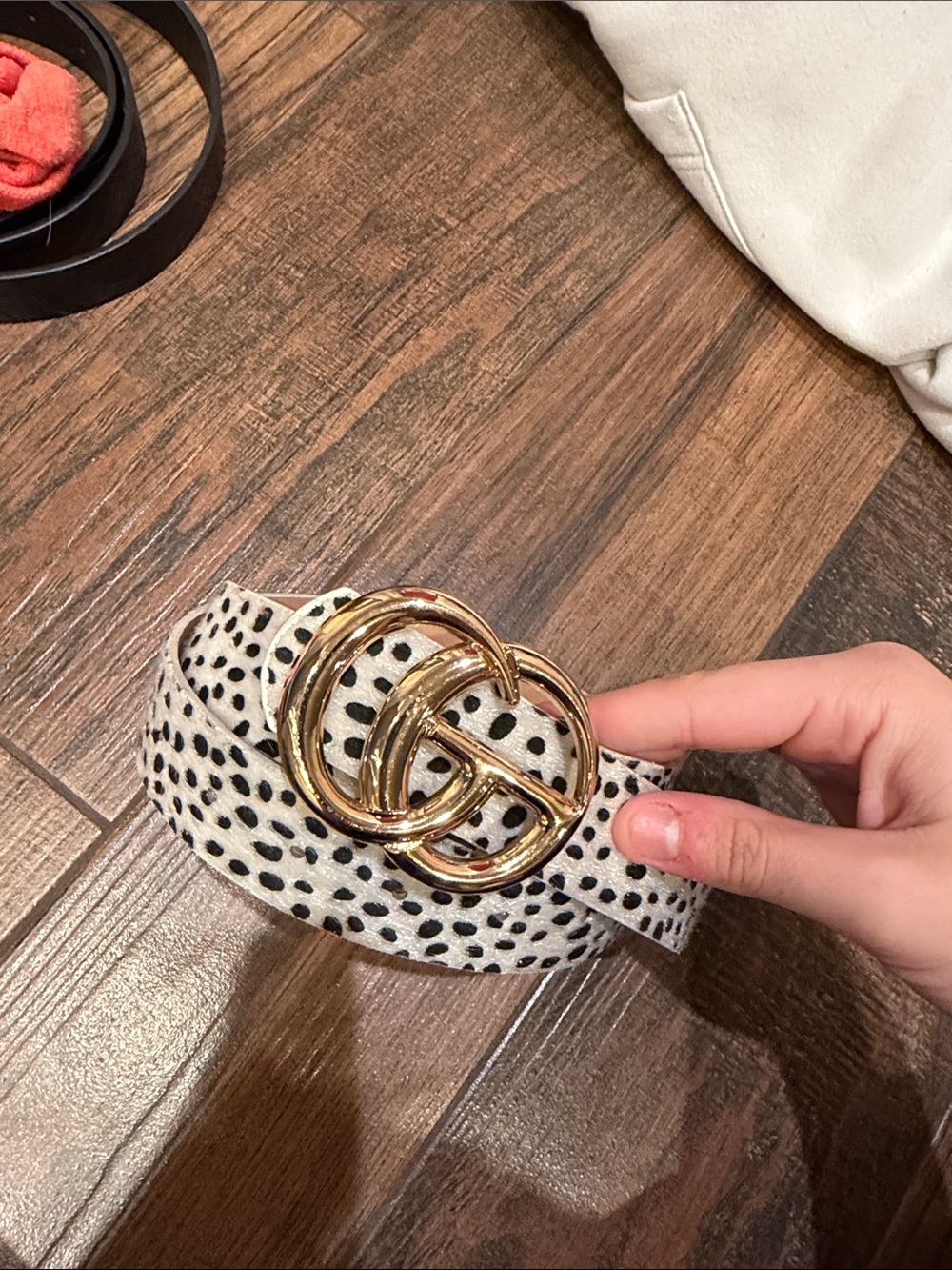 Spotted White and Black Belt with Gold Double-Ring Buckle